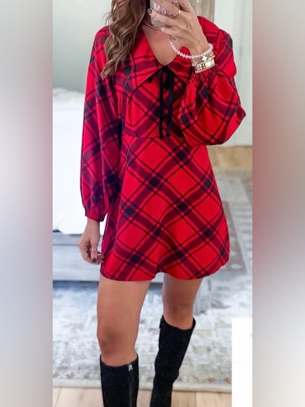 NWT Old Navy Mini Dress Fit & Flare Balloon Sleeve Crepe Red & Black Plaid Sz XL